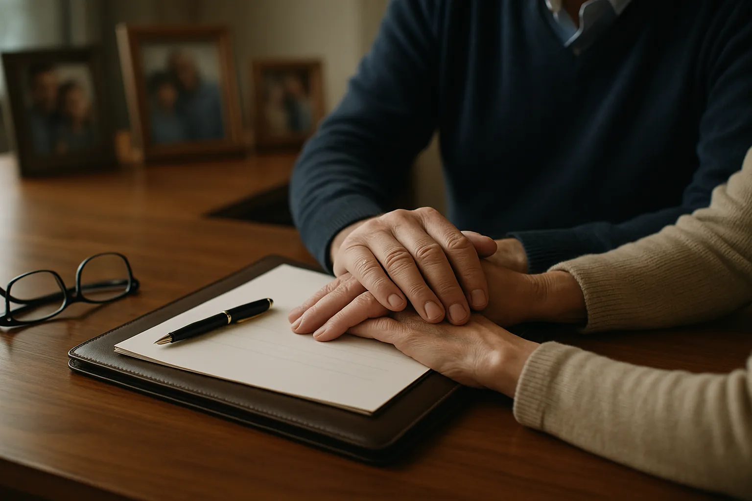 An older couple's hands resting together on a leather portfolio during an estate planning discussion