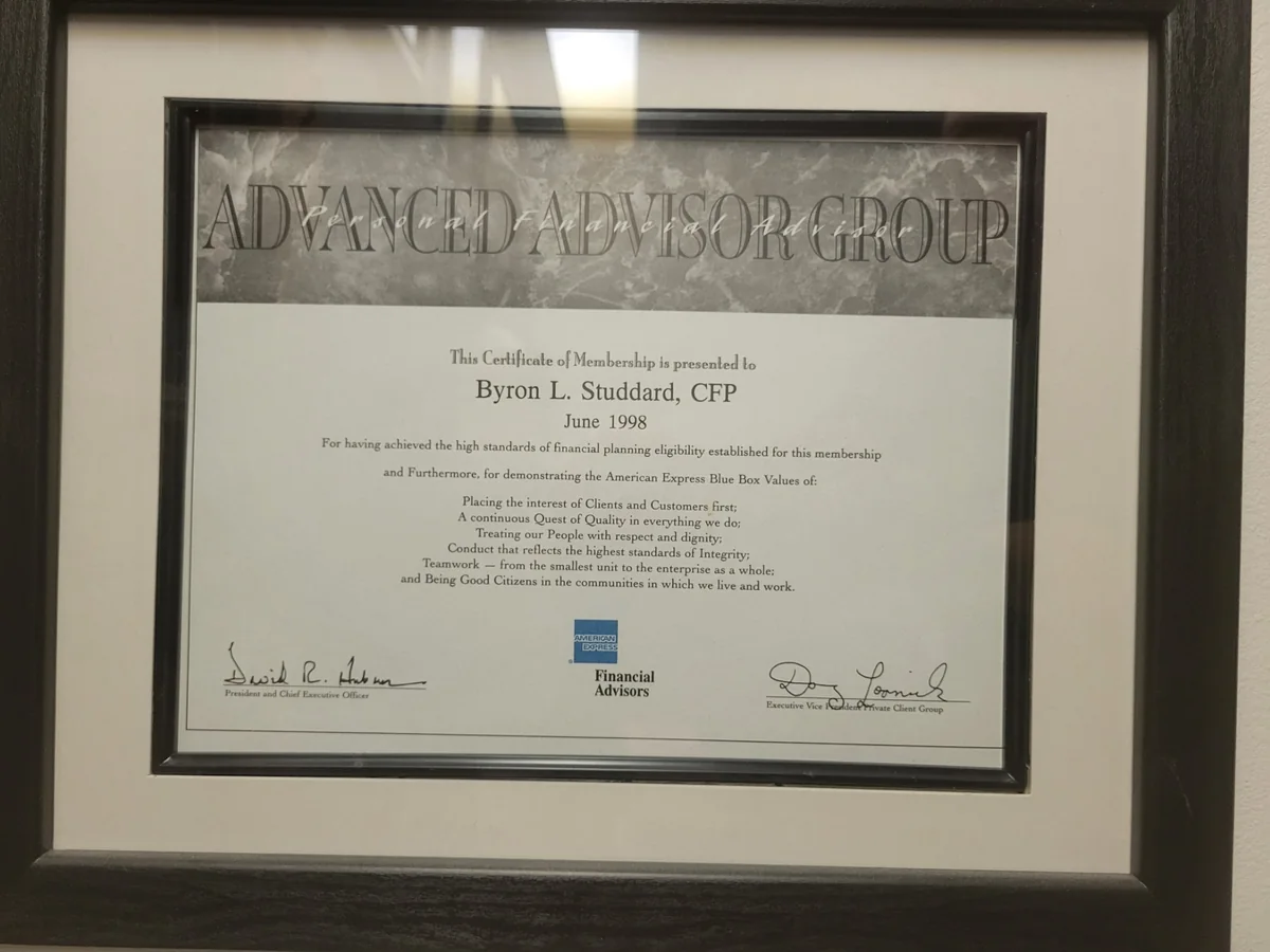 Advanced Advisor Group certificate of membership presented to Byron L. Studdard, CFP, June 1998