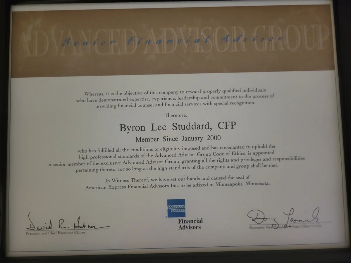 Advanced Advisor Group certificate naming Byron Lee Studdard, CFP, a member since January 2000