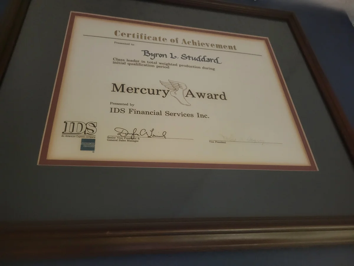Mercury Award certificate of achievement presented to Byron L. Studdard by IDS Financial Services