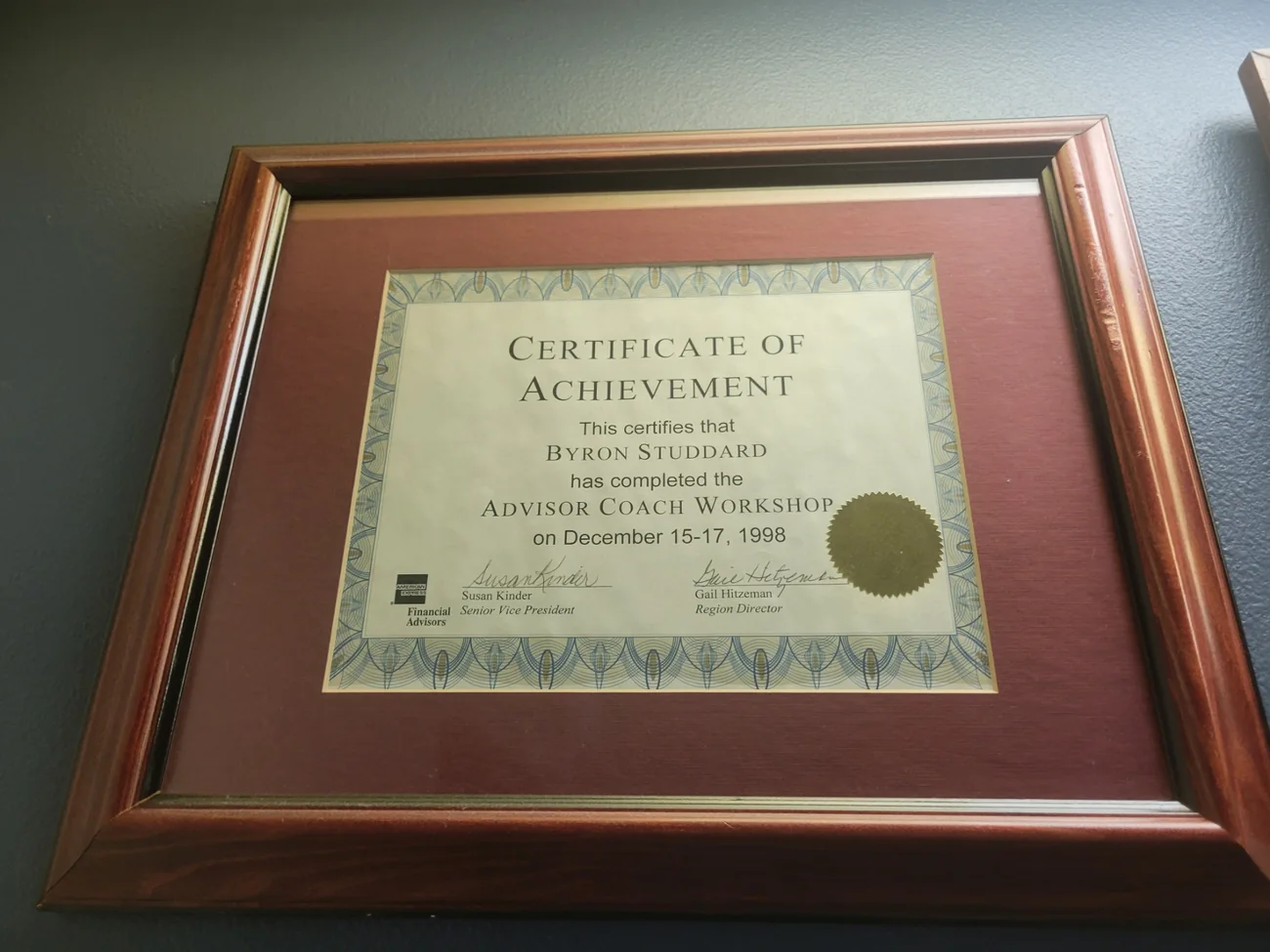 Certificate of achievement for completing the Advisor Coach Workshop, 15-17 December 1998