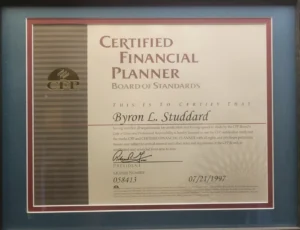 Certified Financial Planner Board of Standards certificate issued to Byron L. Studdard, 21 July 1997