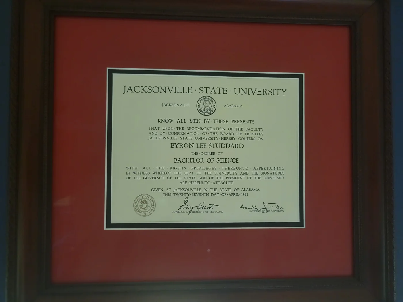 Jacksonville State University Bachelor of Science degree awarded to Byron Lee Studdard