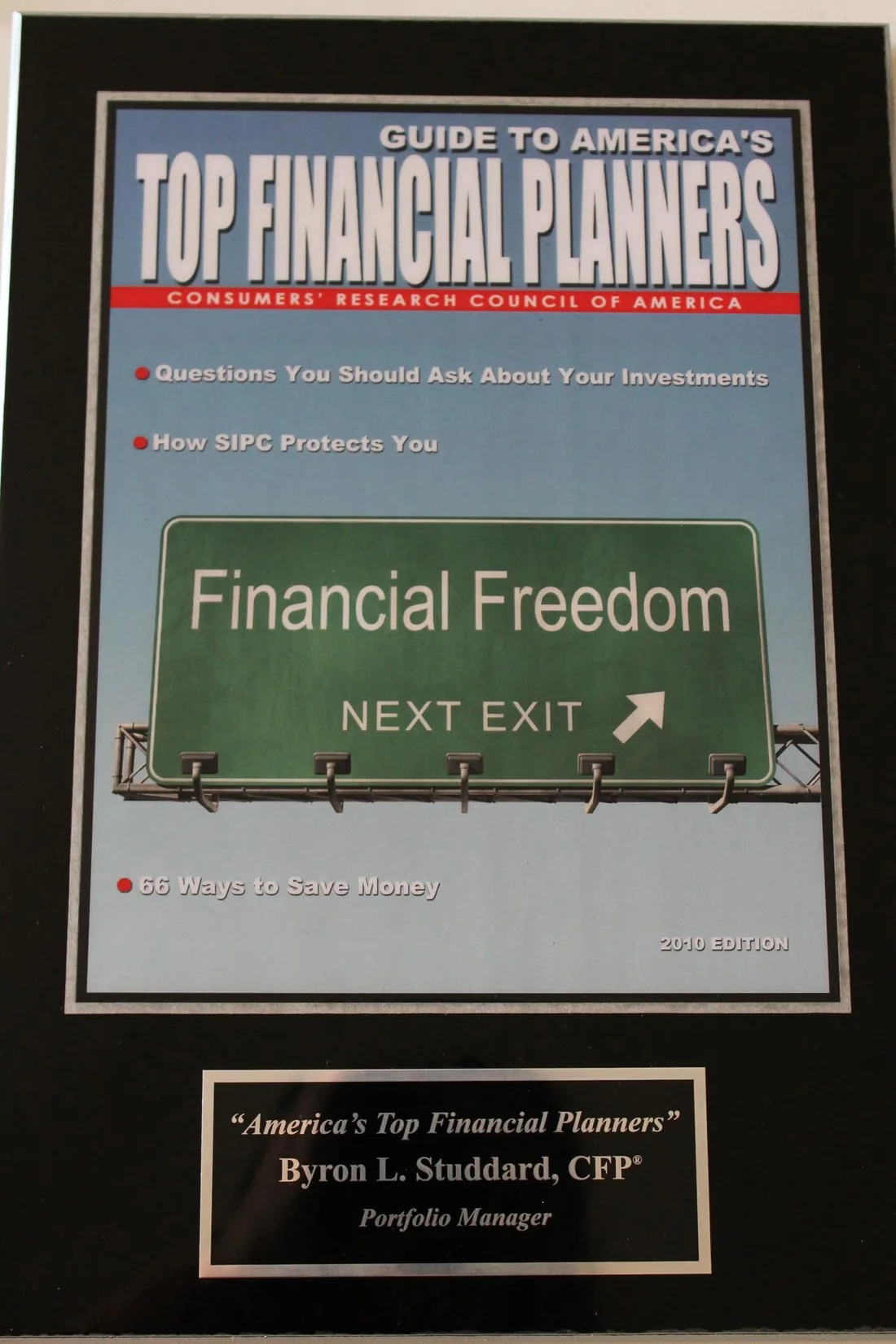 Guide to America's Top Financial Planners, 2010 edition, listing Byron L. Studdard, CFP