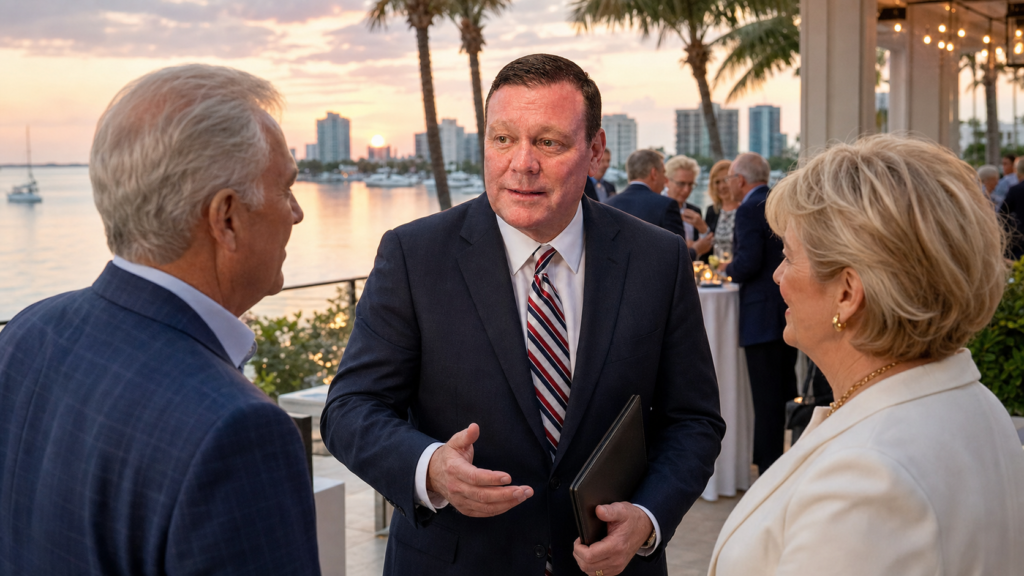 Byron Studdard, CFP®, speaking with clients at a sunset waterfront event in Sarasota, Florida.