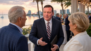 Byron Studdard, CFP®, speaking with clients at a sunset waterfront event in Sarasota, Florida.