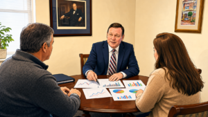 Financial advisor Byron Studdard reviews retirement-planning charts with two clients during an office meeting.