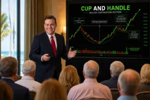Byron presents the cup-and-handle stock chart pattern at an investment seminar, explaining how data and technical analysis can support investment decisions.