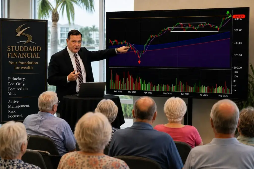 Byron Studdard, CFP®, points to support and resistance levels on a stock chart during a Studdard Financial client seminar