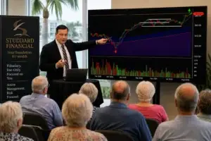 Byron Studdard, CFP®, points to support and resistance levels on a stock chart during a Studdard Financial client seminar