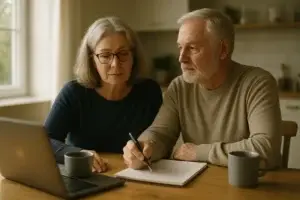 A couple in their early sixties review retirement paperwork together at their kitchen table while weighing whether to claim Social Security at age 62