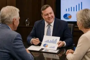 Byron Studdard, CFP®, reviews a retirement portfolio report with a couple in the Studdard Financial conference room