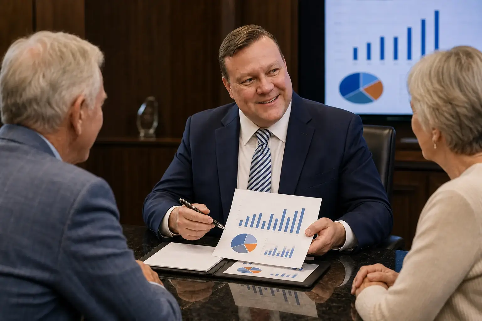 Byron Studdard, CFP®, reviews a retirement portfolio report with a couple in the Studdard Financial conference room